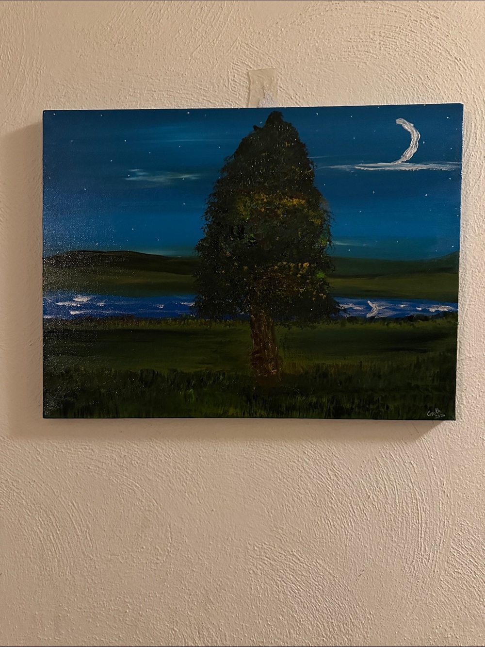 Hand-Painted Night Landscape Canvas - Green Tree and Blue Sky